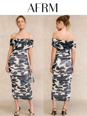 AFRM BELMONT OFF THE SHOULDER RUCHED MIDI DRESS SHADOW FLOWER BODYCON XS *NWOT*